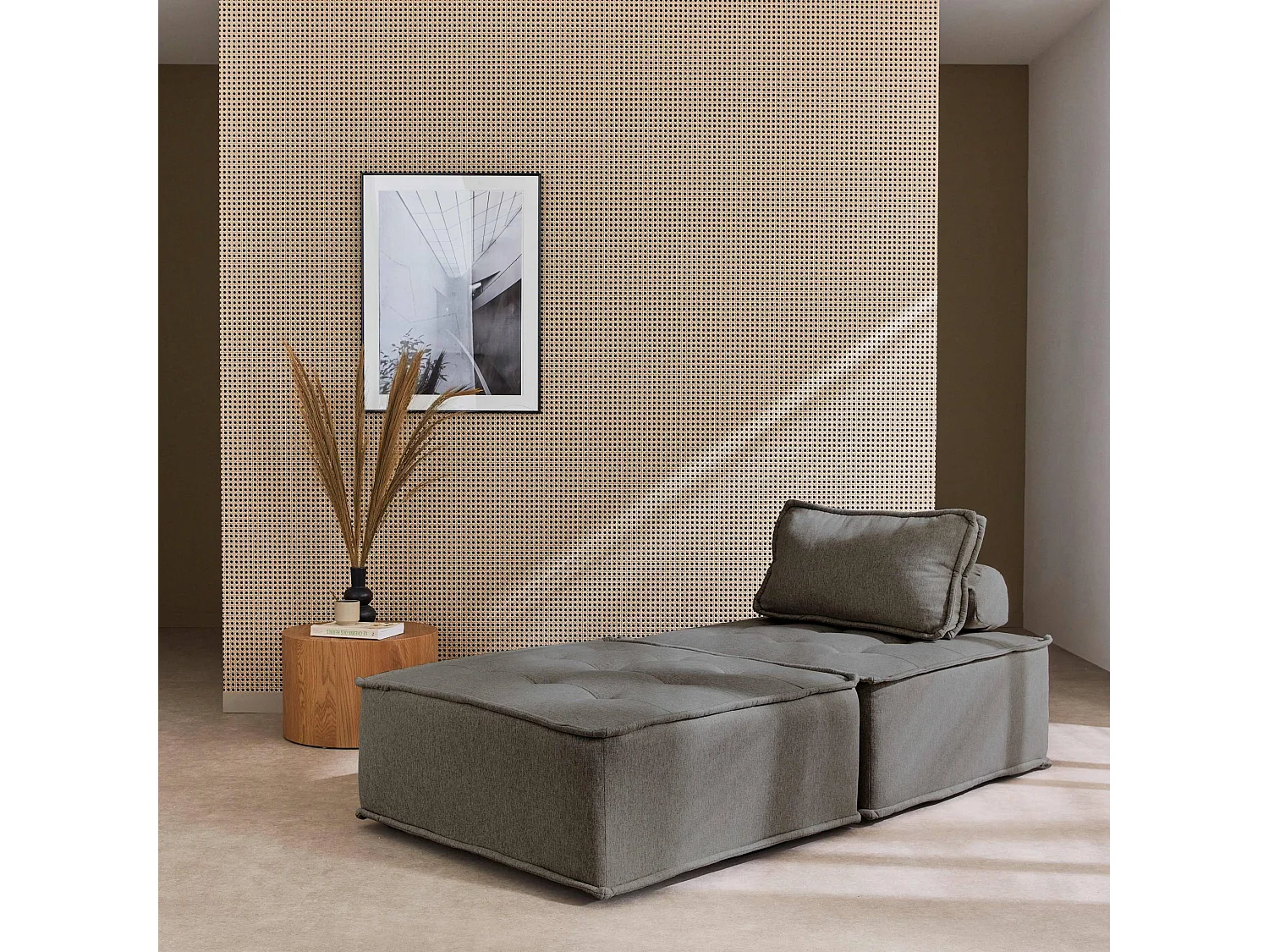 Lot de 2 chauffeuses pour canapé modulable tissu capitonné gris avec un coussin