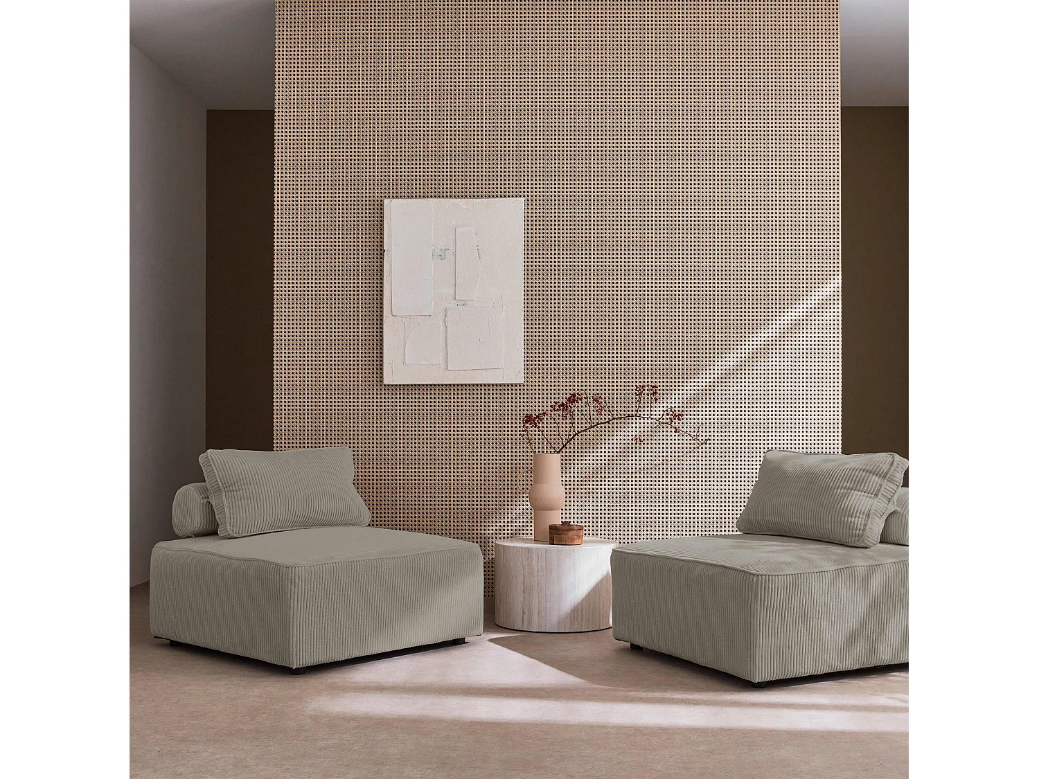 Lot de 2 chauffeuses  pour canapé modulable velours côtelé gris clair avec un coussin