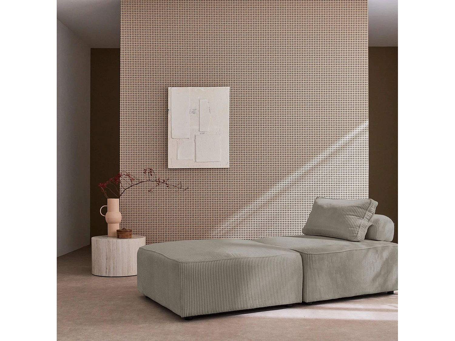 Lot de 2 chauffeuses  pour canapé modulable velours côtelé gris clair avec un coussin