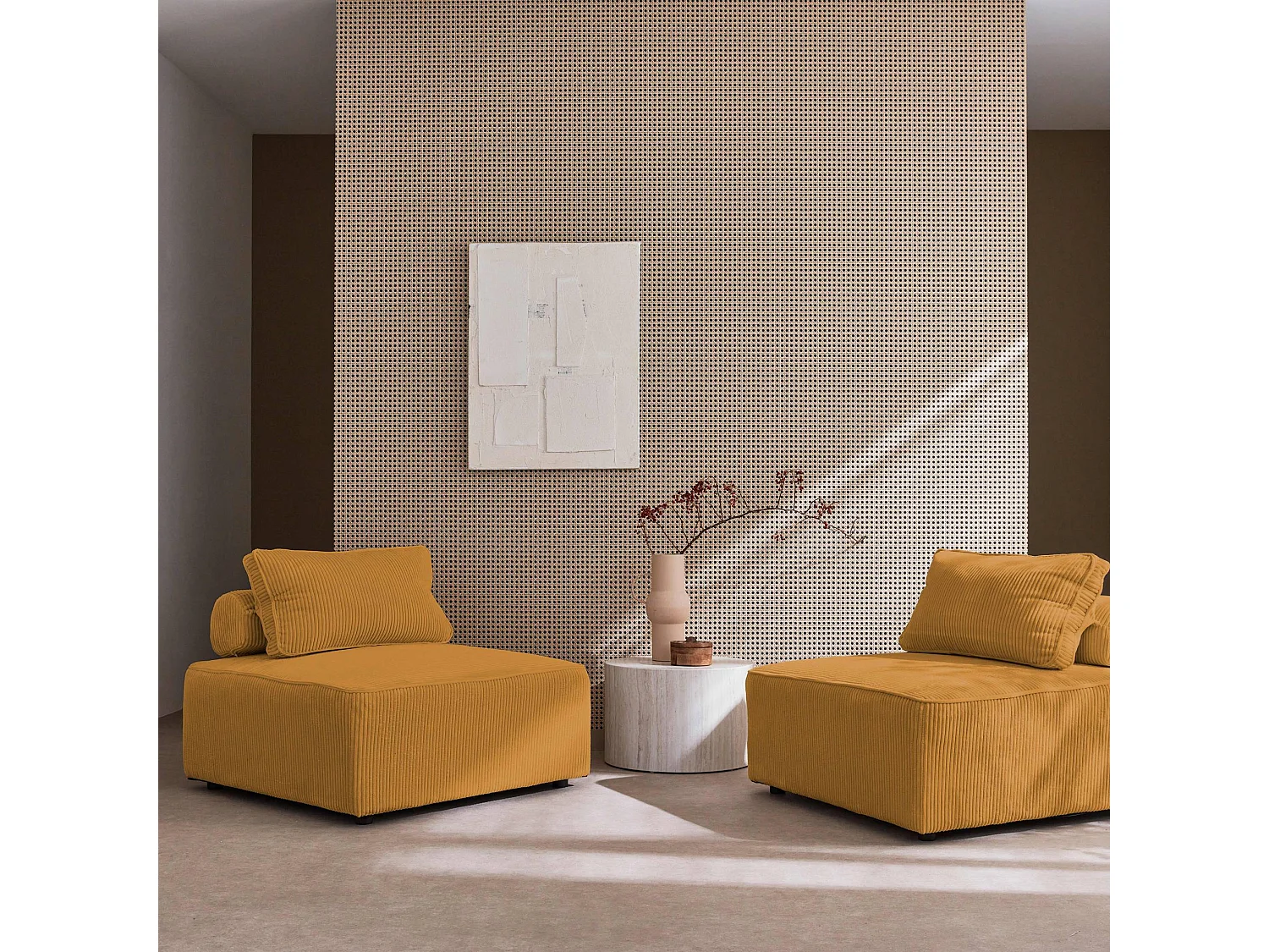 Lot de 2 chauffeuses  pour canapé modulable velours côtelé jaune avec un coussin