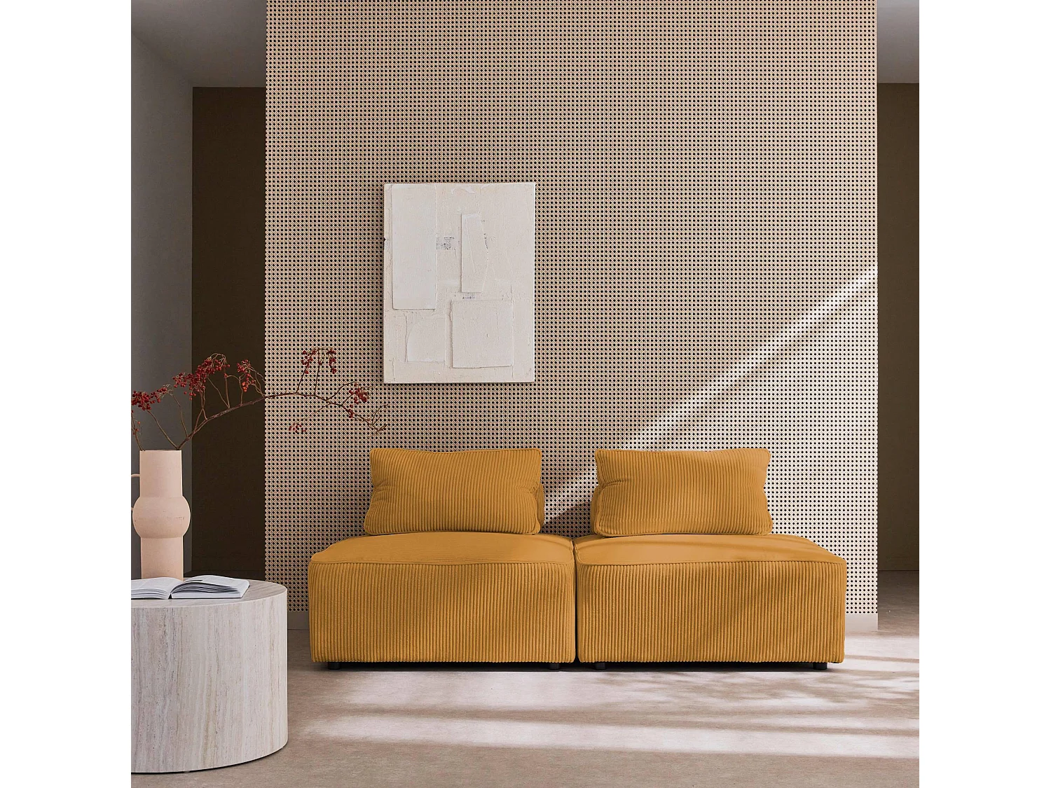 Lot de 2 chauffeuses  pour canapé modulable velours côtelé jaune avec un coussin