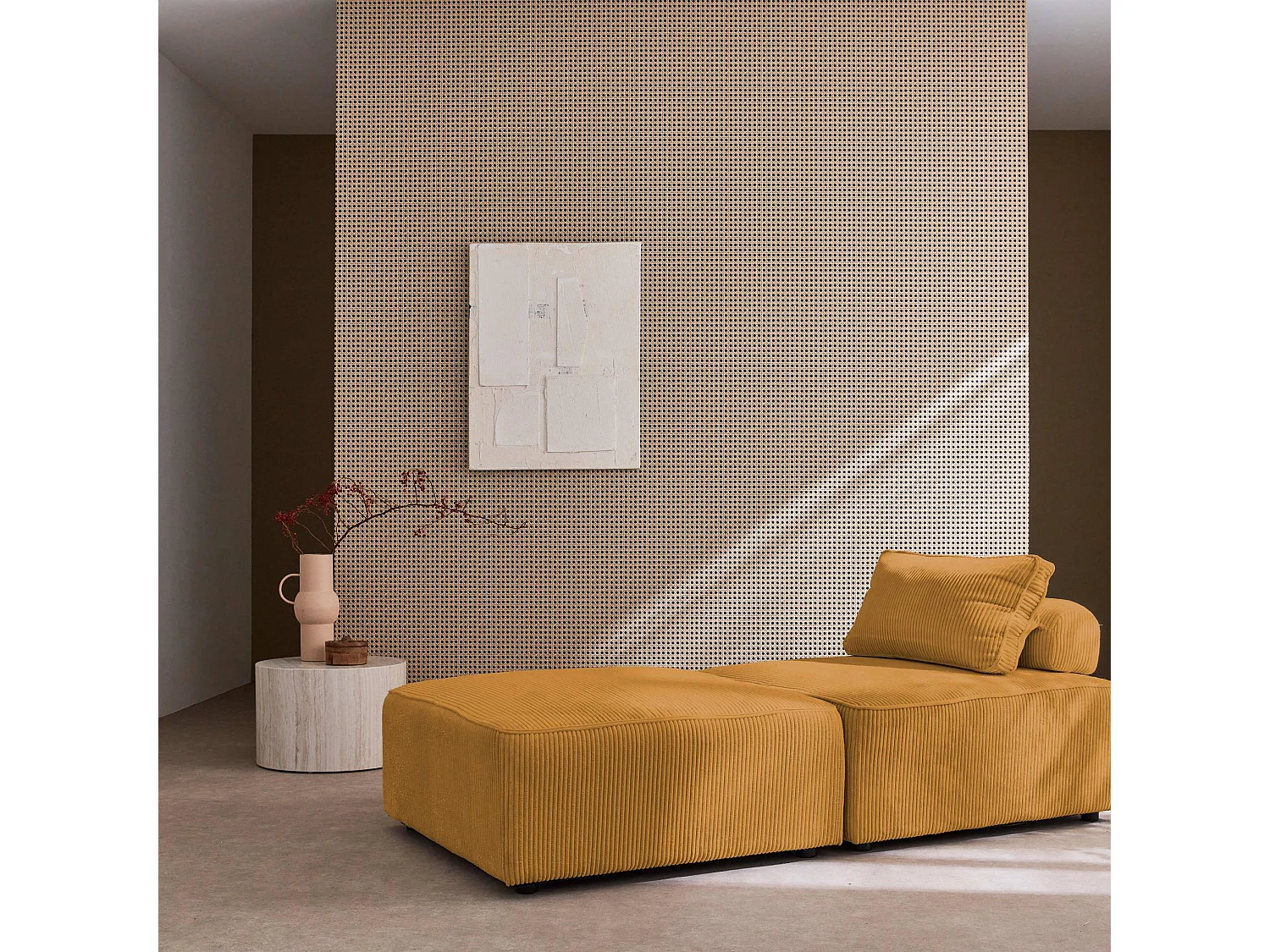 Lot de 2 chauffeuses  pour canapé modulable velours côtelé jaune avec un coussin