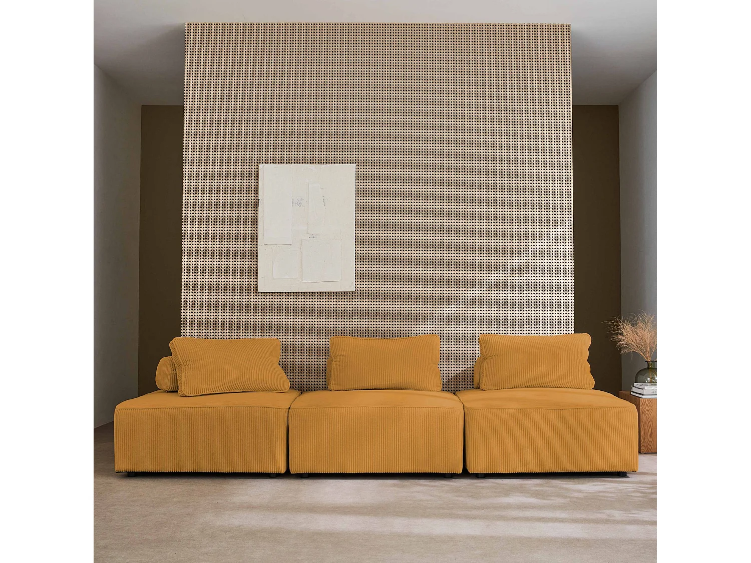 Lot de 3 chauffeuses pour canapé modulables velours côtelé moutarde avec un coussin