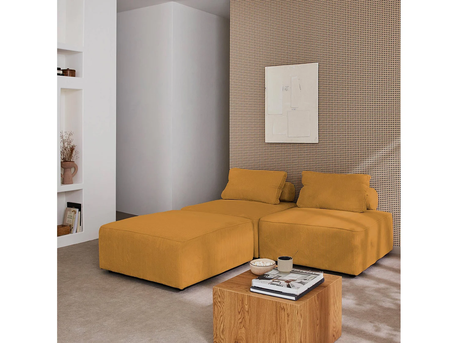 Lot de 3 chauffeuses pour canapé modulables velours côtelé moutarde avec un coussin