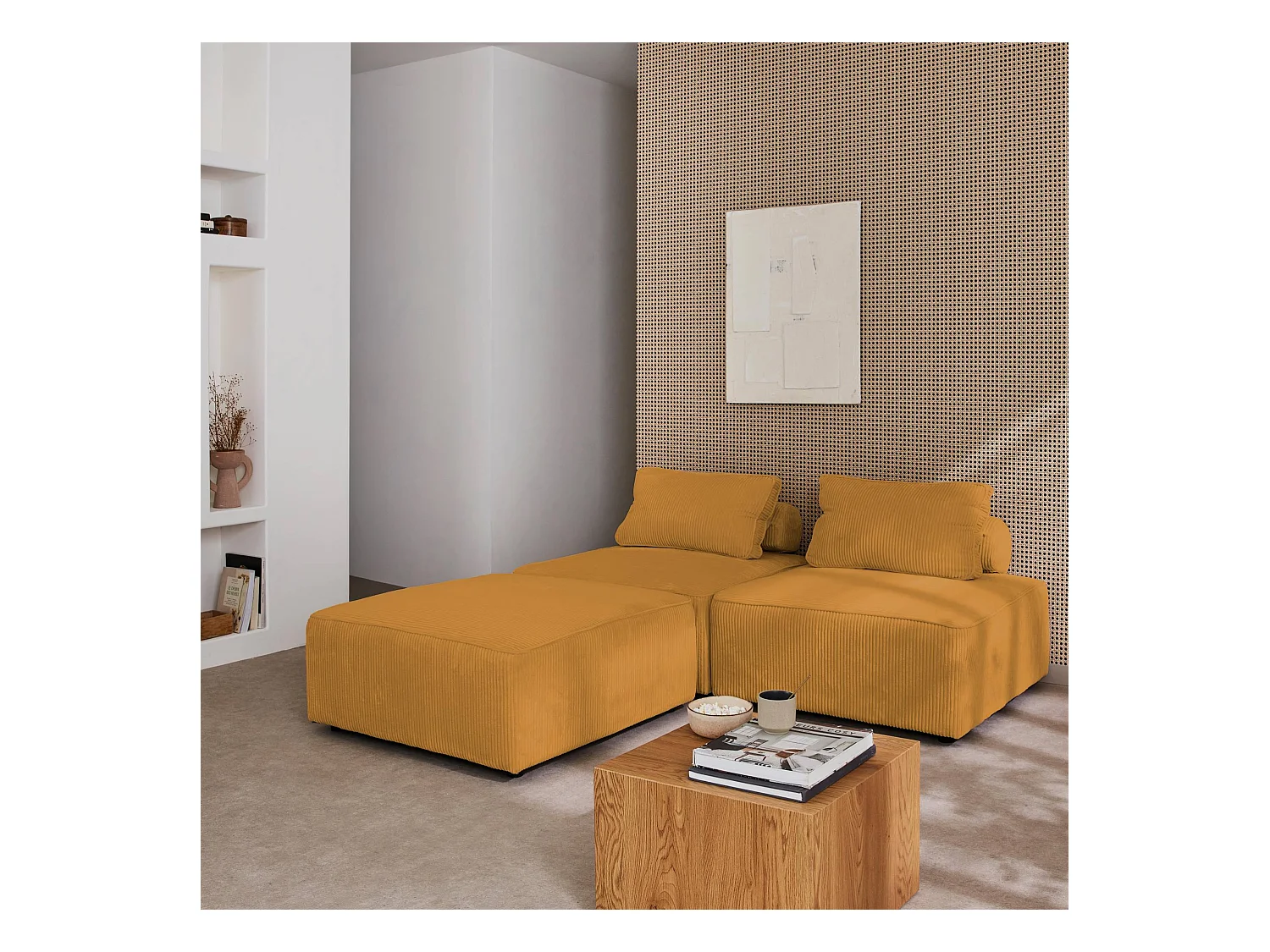 Sofá modular de pana, 3 plazas mostaza