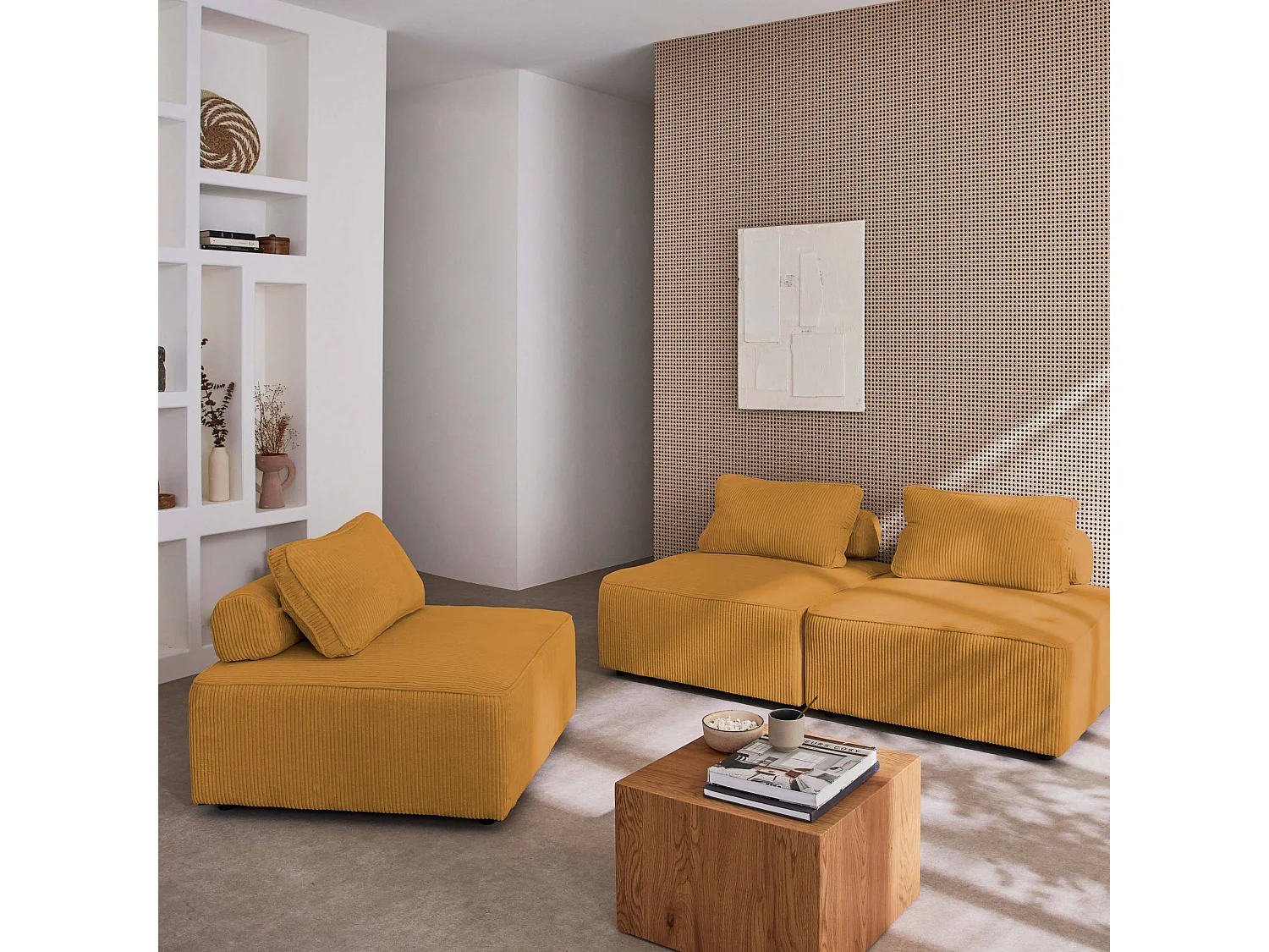 Sofá modular de pana, 3 plazas mostaza