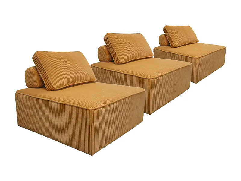 Lot de 3 chauffeuses pour canapé modulables velours côtelé moutarde avec un coussin