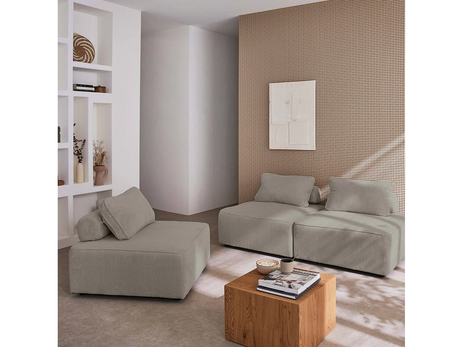 Lot de 3 chauffeuses pour canapé modulables velours côtelé gris clair avec un coussin