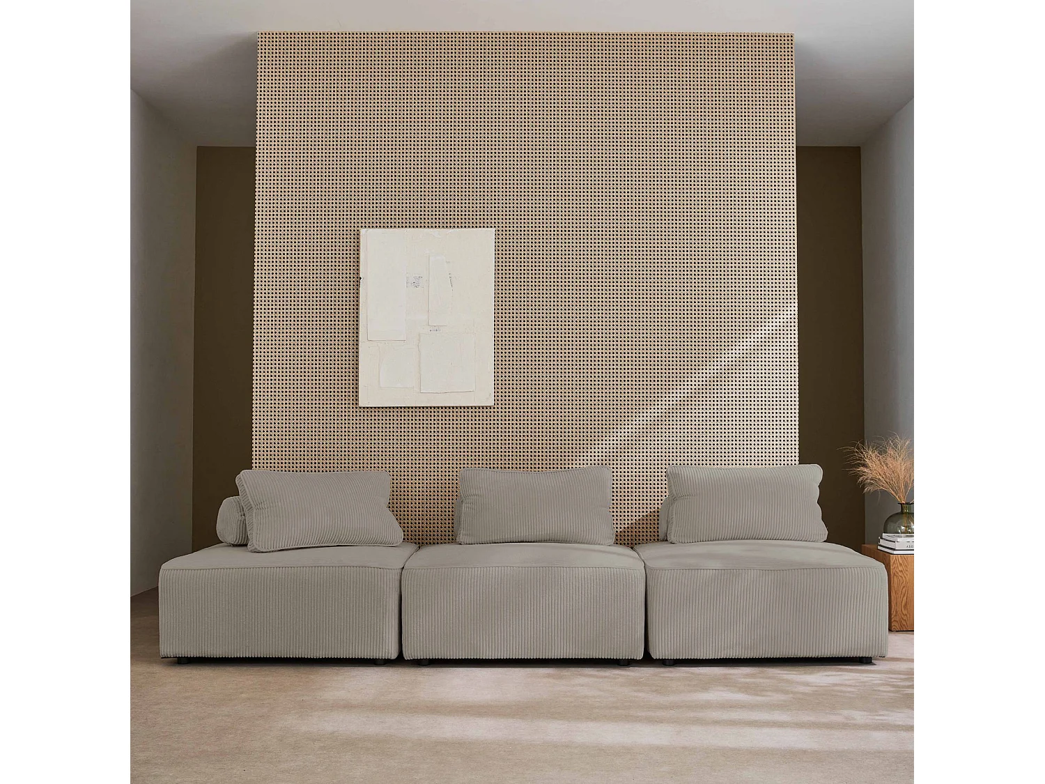 Lot de 3 chauffeuses pour canapé modulables velours côtelé gris clair avec un coussin