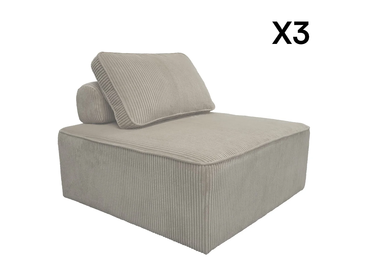 Lot de 3 chauffeuses pour canapé modulables velours côtelé gris clair avec un coussin