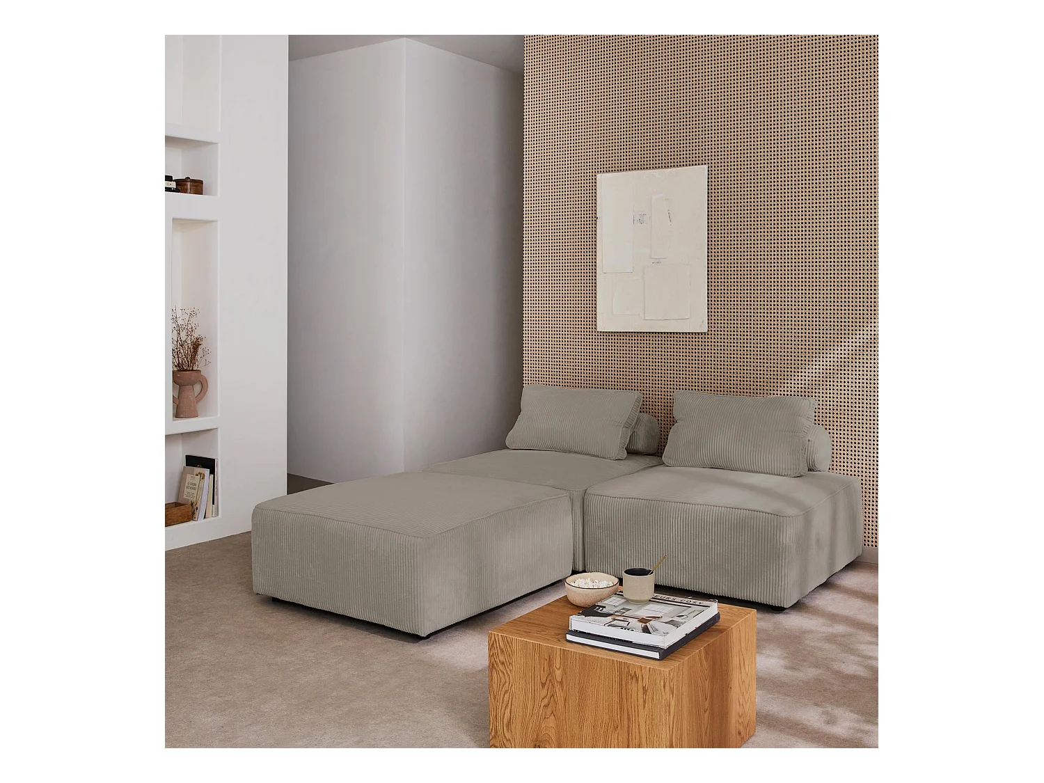 Sofá modular de pana, 3 plazas gris claro
