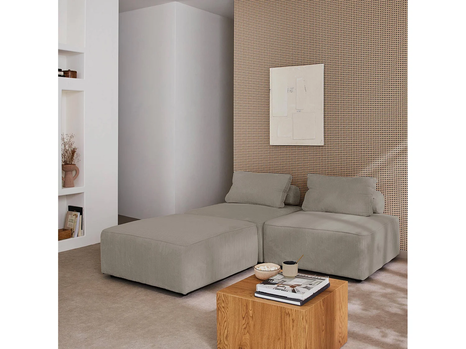 Sofá modular de pana, 3 plazas gris claro