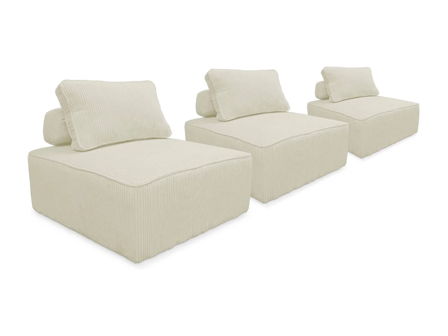 Lot de 3 chauffeuses pour canapé modulables velours côtelé crème avec un coussin