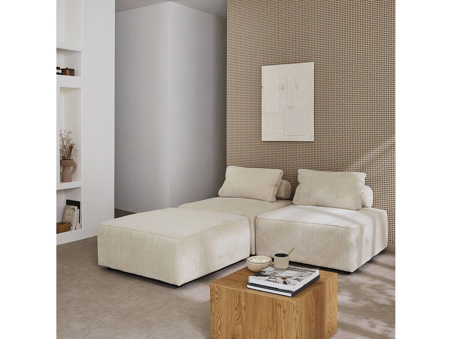 Lot de 3 chauffeuses pour canapé modulables velours côtelé crème avec un coussin