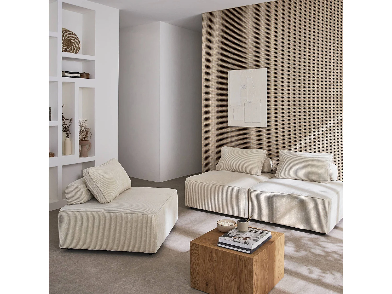 Lot de 3 chauffeuses pour canapé modulables velours côtelé crème avec un coussin