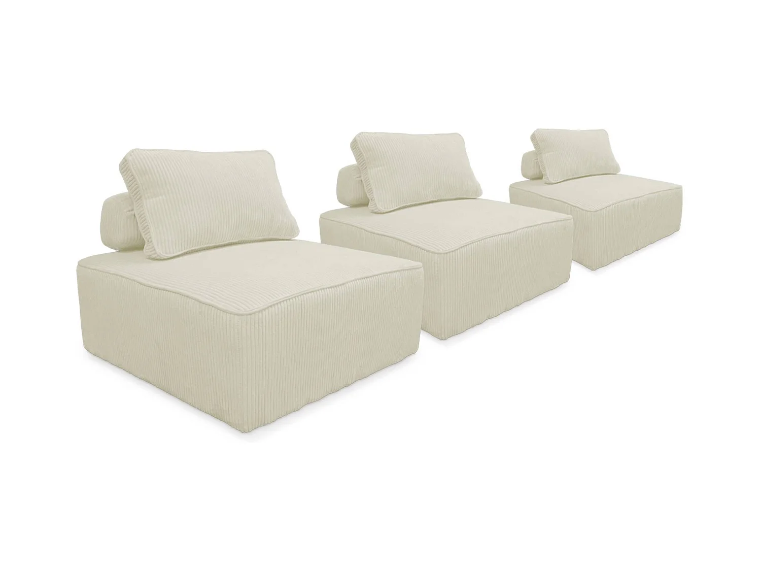 Lot de 3 chauffeuses pour canapé modulables velours côtelé crème avec un coussin