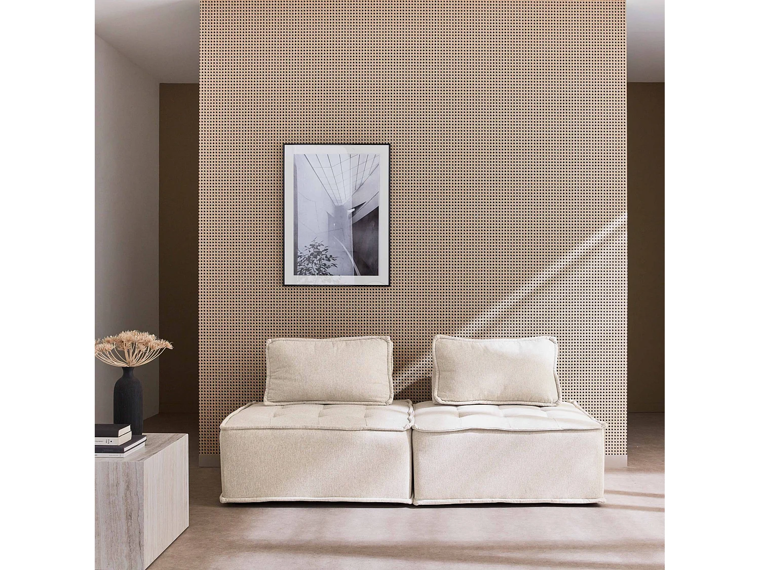 Lot de 2 chauffeuses pour canapé modulable tissu capitonné crème avec un coussin