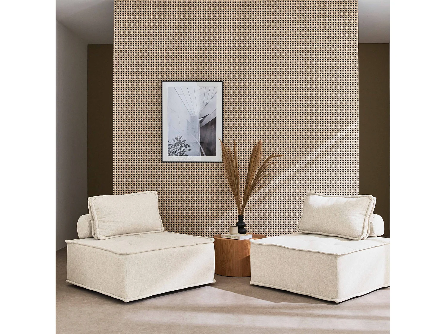 Lot de 2 chauffeuses pour canapé modulable tissu capitonné crème avec un coussin