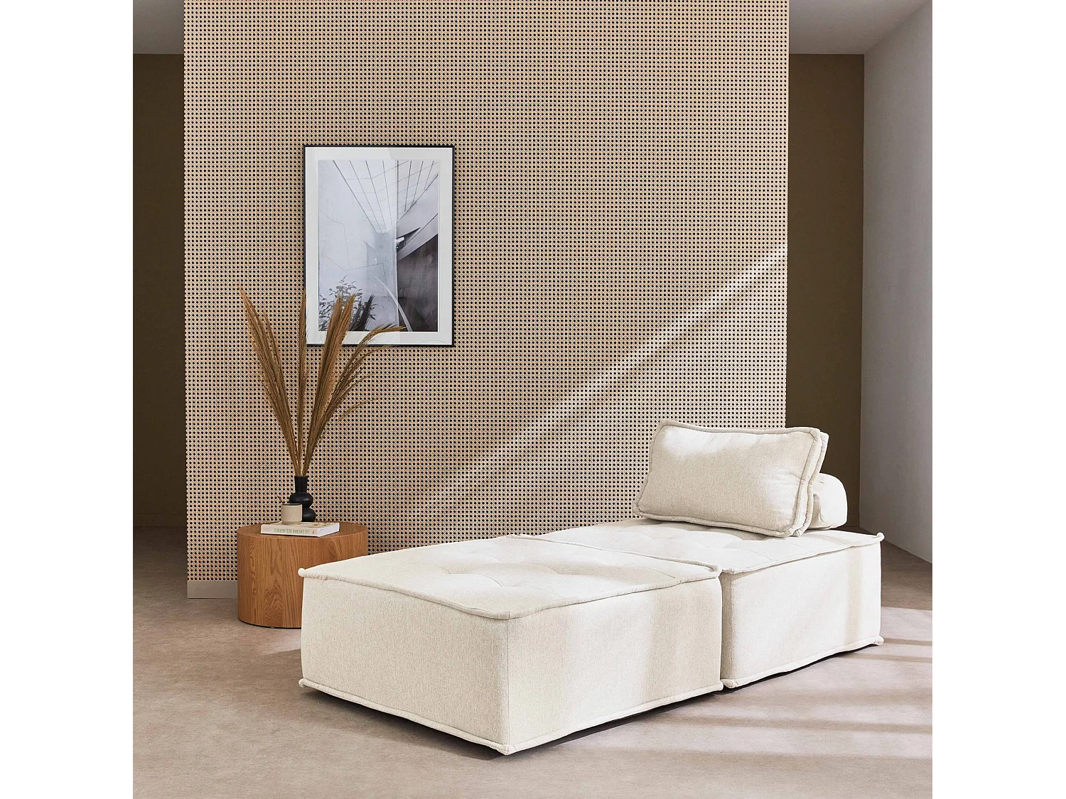 Lot de 2 chauffeuses pour canapé modulable tissu capitonné crème avec un coussin