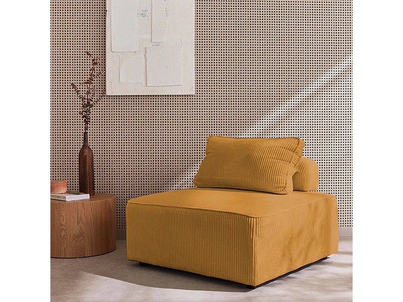 Chauffeuse  pour canapé modulable velours côtelé moutarde avec un coussin