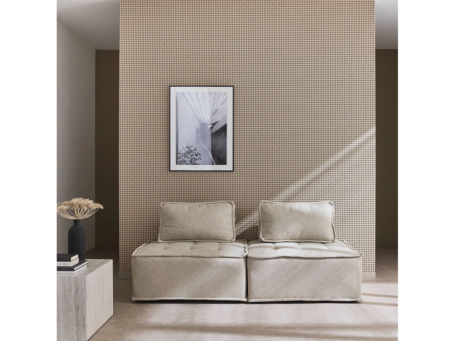 Lot de 2 chauffeuses pour canapé modulable tissu capitonné beige avec un coussin