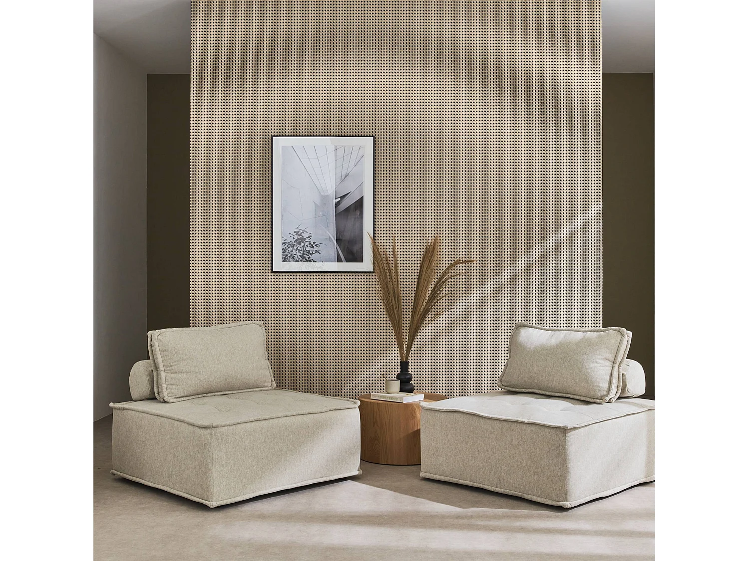 Lot de 2 chauffeuses pour canapé modulable tissu capitonné beige avec un coussin