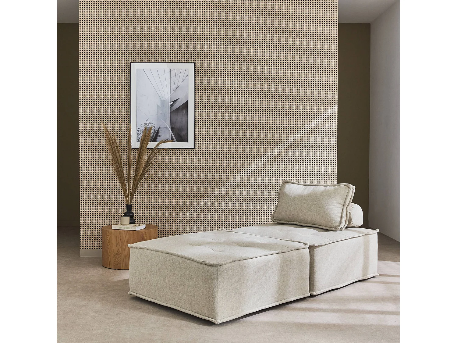 Lot de 2 chauffeuses pour canapé modulable tissu capitonné beige avec un coussin