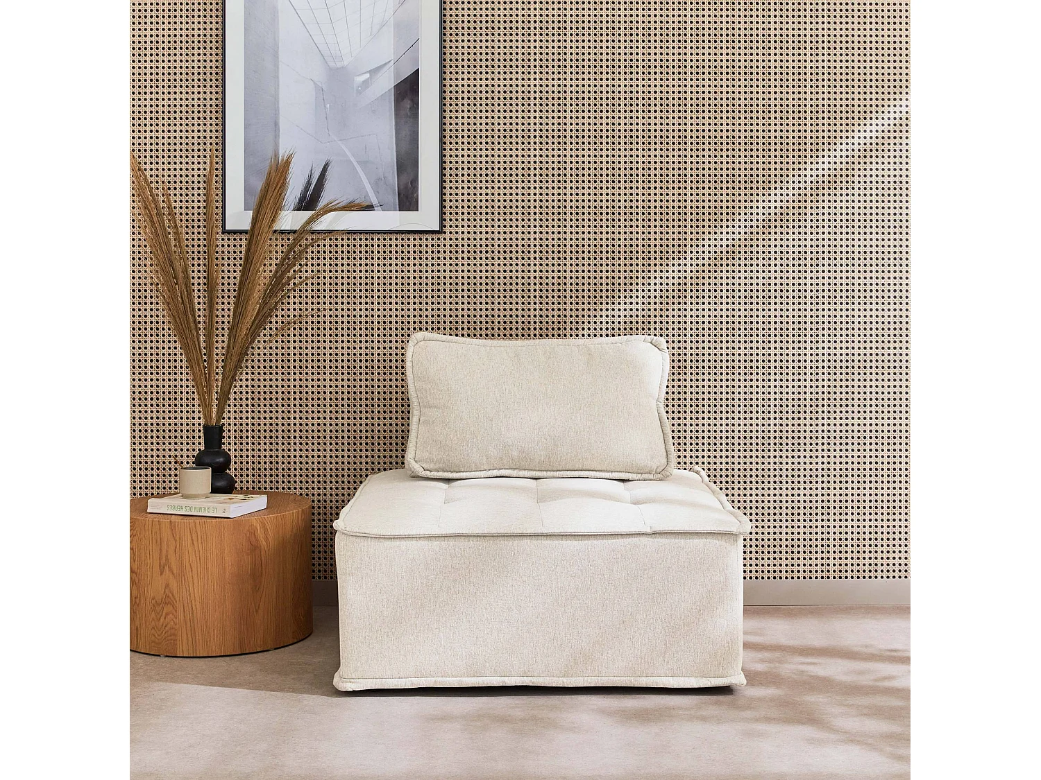 Chauffeuse pour canapé modulable tissu capitonné crème avec un coussin