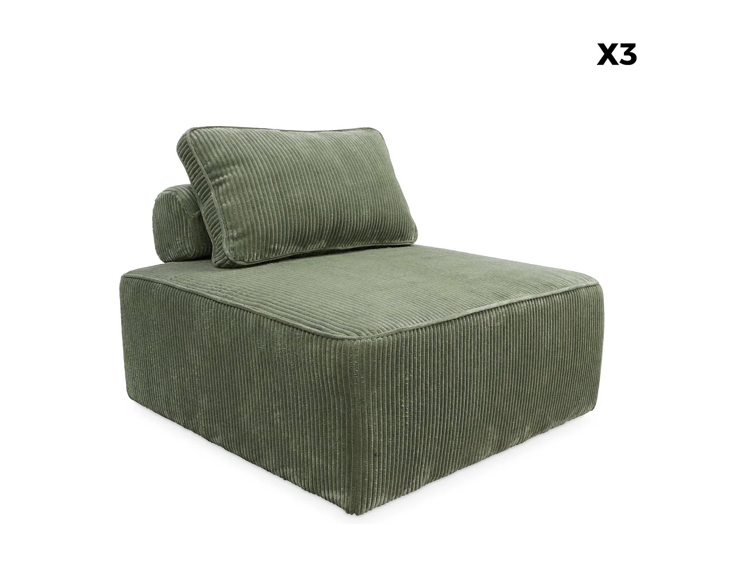 Lot de 3 chauffeuses pour canapé  modulables velours côtelé vert avec un coussin