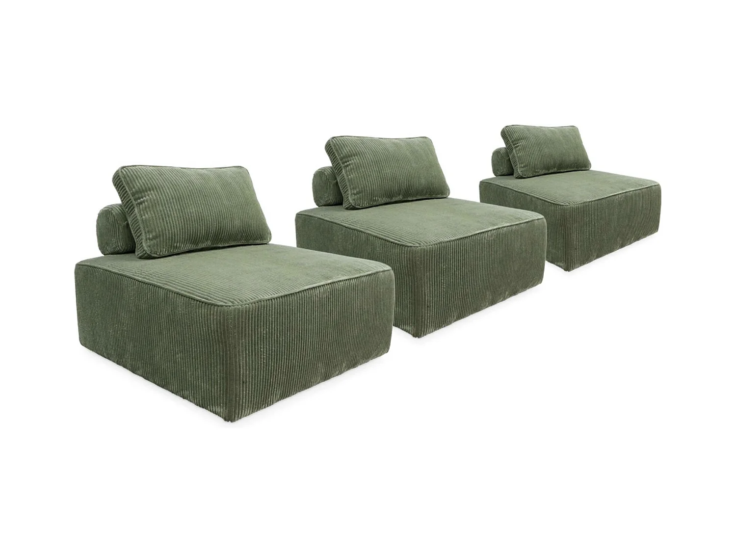 Lot de 3 chauffeuses pour canapé  modulables velours côtelé vert avec un coussin