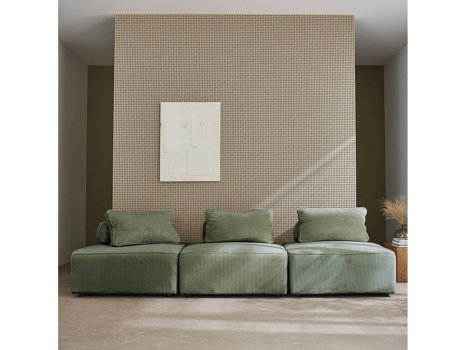 Lot de 3 chauffeuses pour canapé  modulables velours côtelé vert avec un coussin