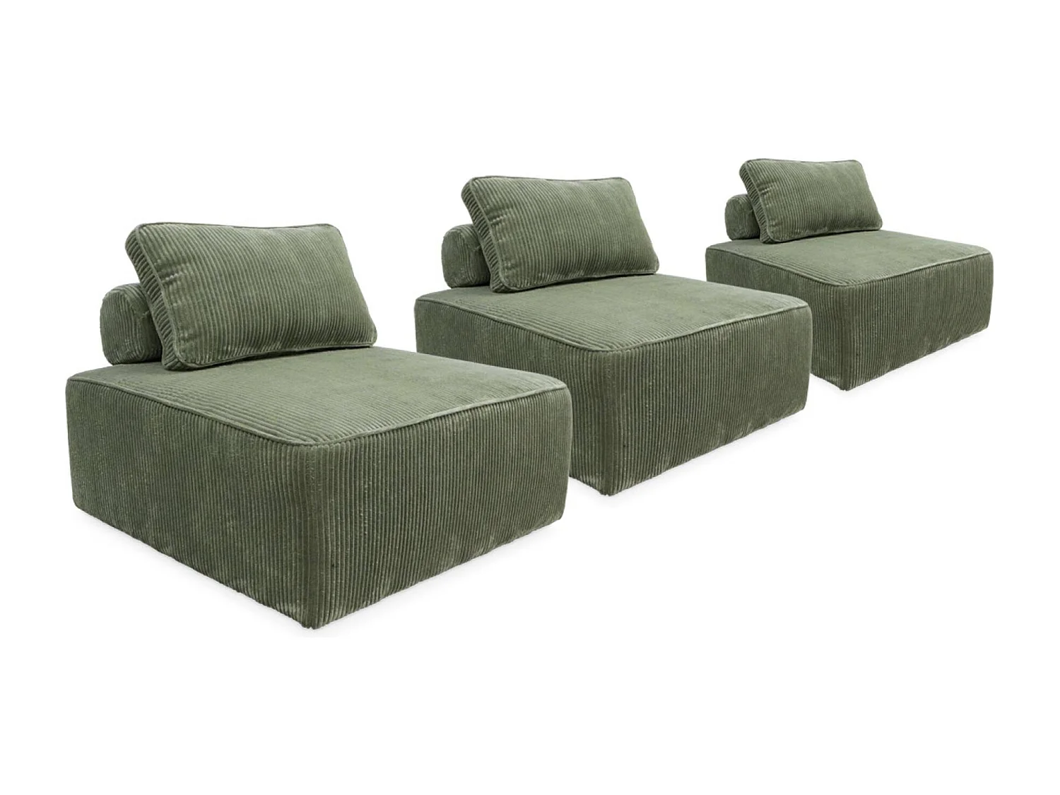 Lot de 3 chauffeuses pour canapé  modulables velours côtelé vert avec un coussin