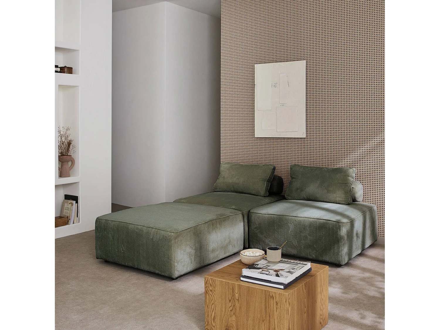 Lot de 3 chauffeuses pour canapé  modulables velours côtelé vert avec un coussin