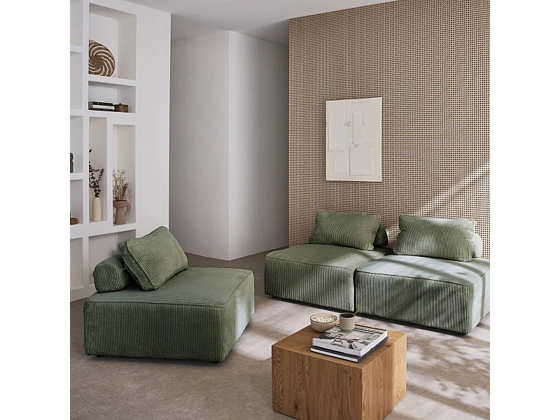 Lot de 3 chauffeuses pour canapé  modulables velours côtelé vert avec un coussin