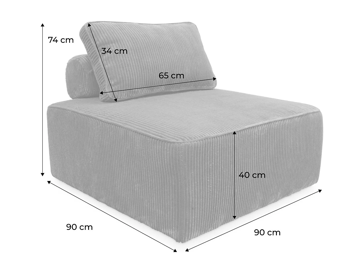 Módulo para sofá modular de pana, 1 plaza gris claro