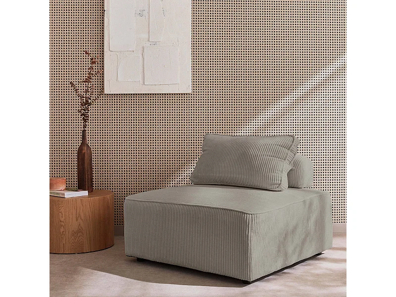 Chauffeuse  pour canapé modulable velours côtelé gris clair avec un coussin