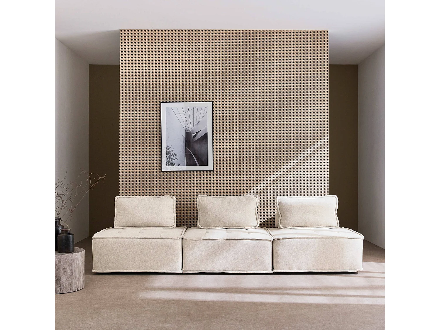 Lot de 3 chauffeuses pour canapé modulables tissu capitonné crème avec 1 coussin