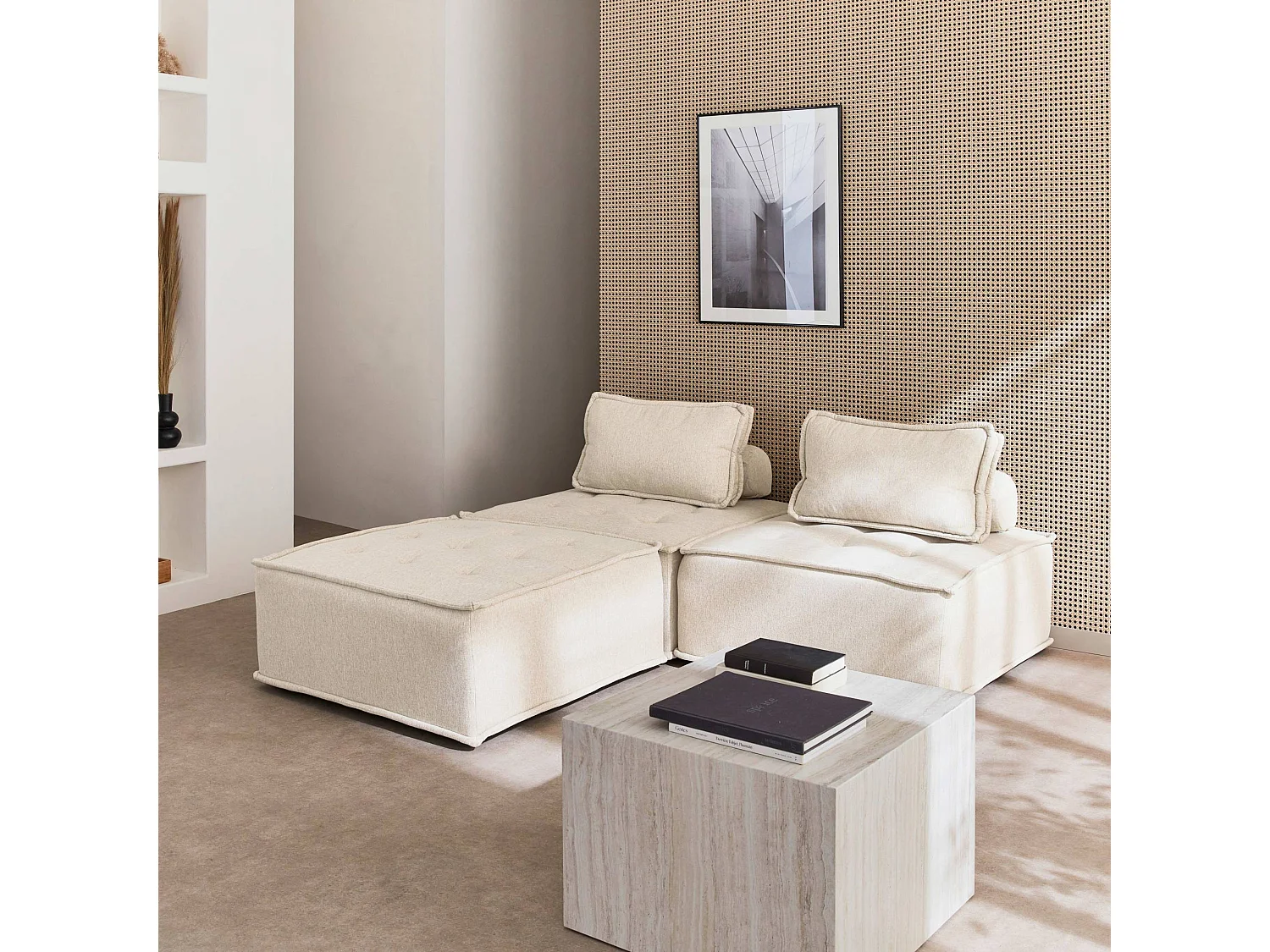 Lot de 3 chauffeuses pour canapé modulables tissu capitonné crème avec 1 coussin