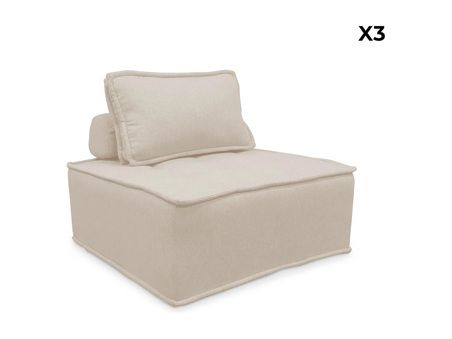 Lot de 3 chauffeuses pour canapé modulables tissu capitonné crème avec 1 coussin