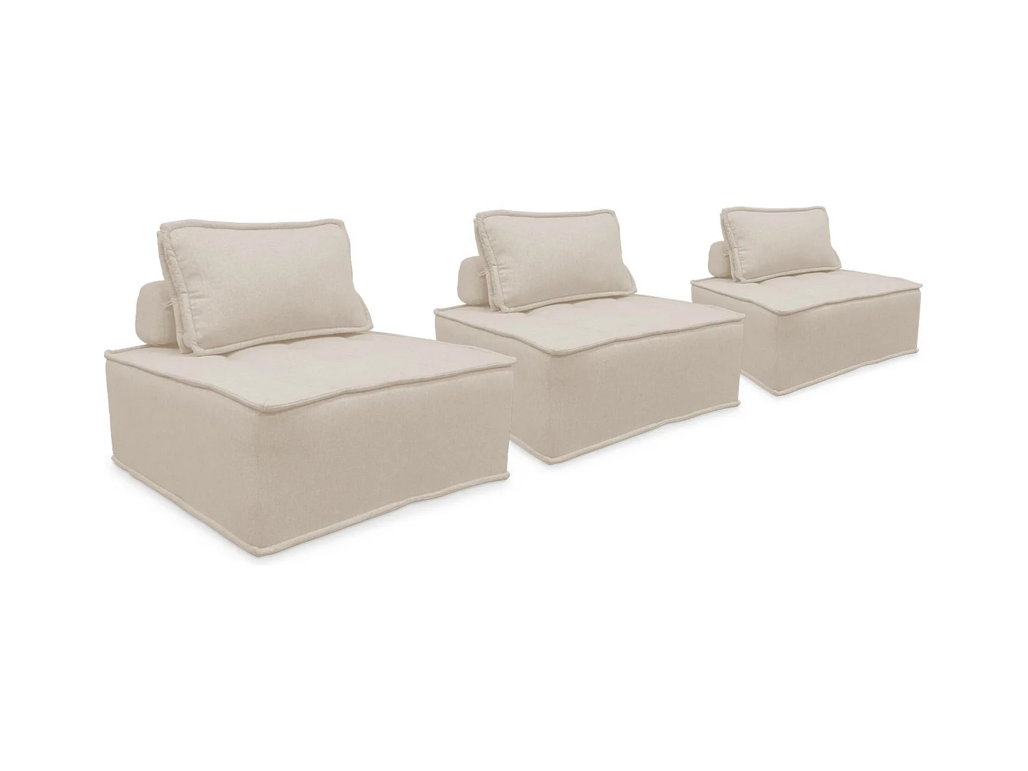 Lot de 3 chauffeuses pour canapé modulables tissu capitonné crème avec 1 coussin