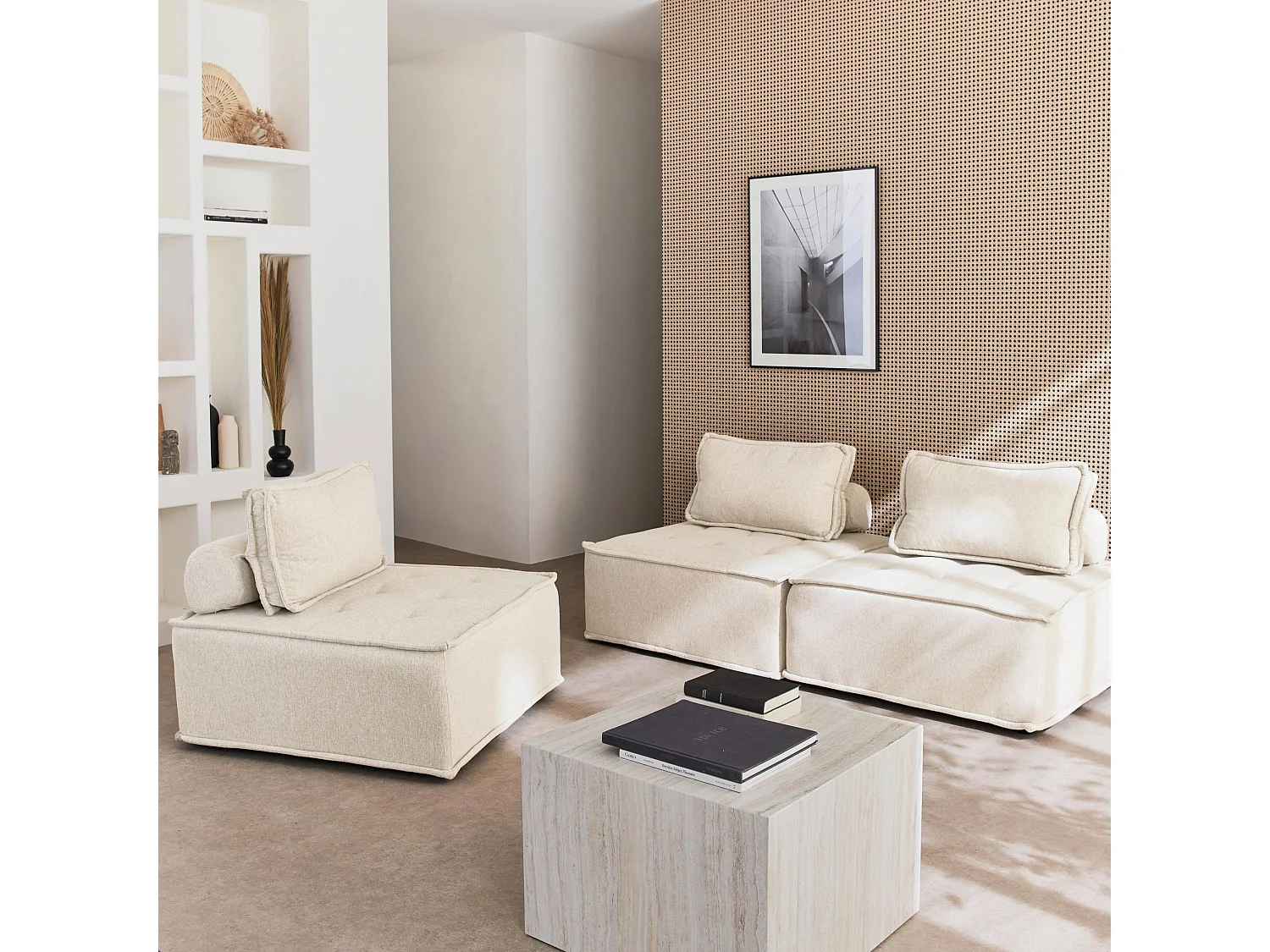 Lot de 3 chauffeuses pour canapé modulables tissu capitonné crème avec 1 coussin