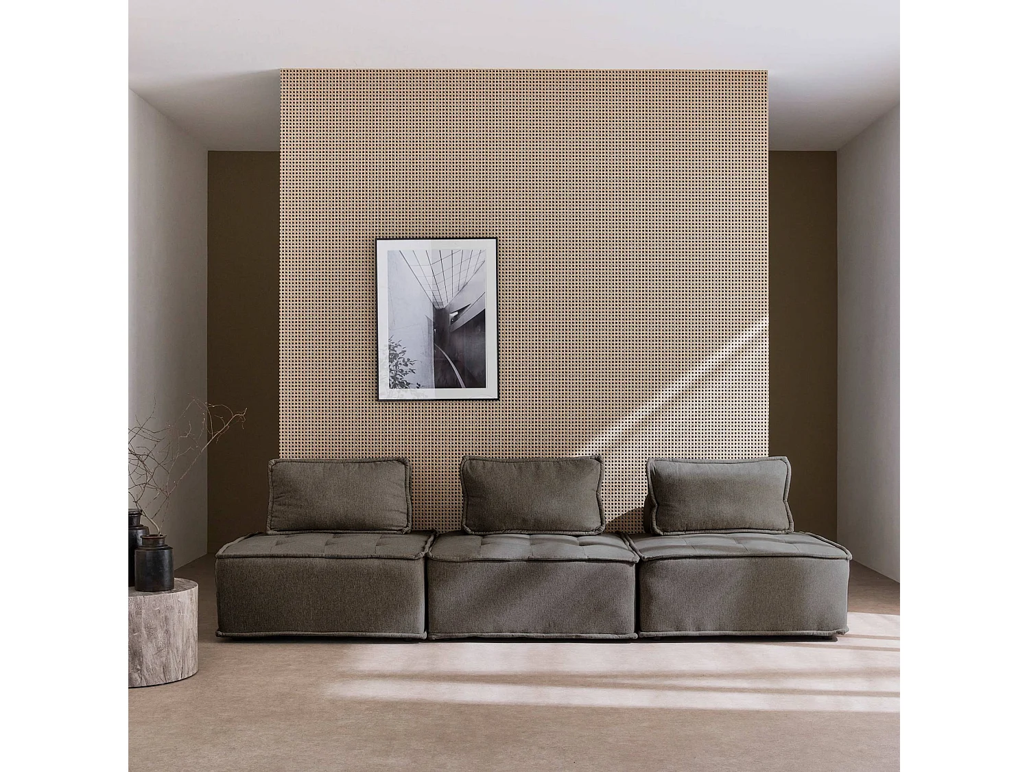 Lot de 3 chauffeuses pour canapé modulables tissu capitonné gris avec 1 coussin