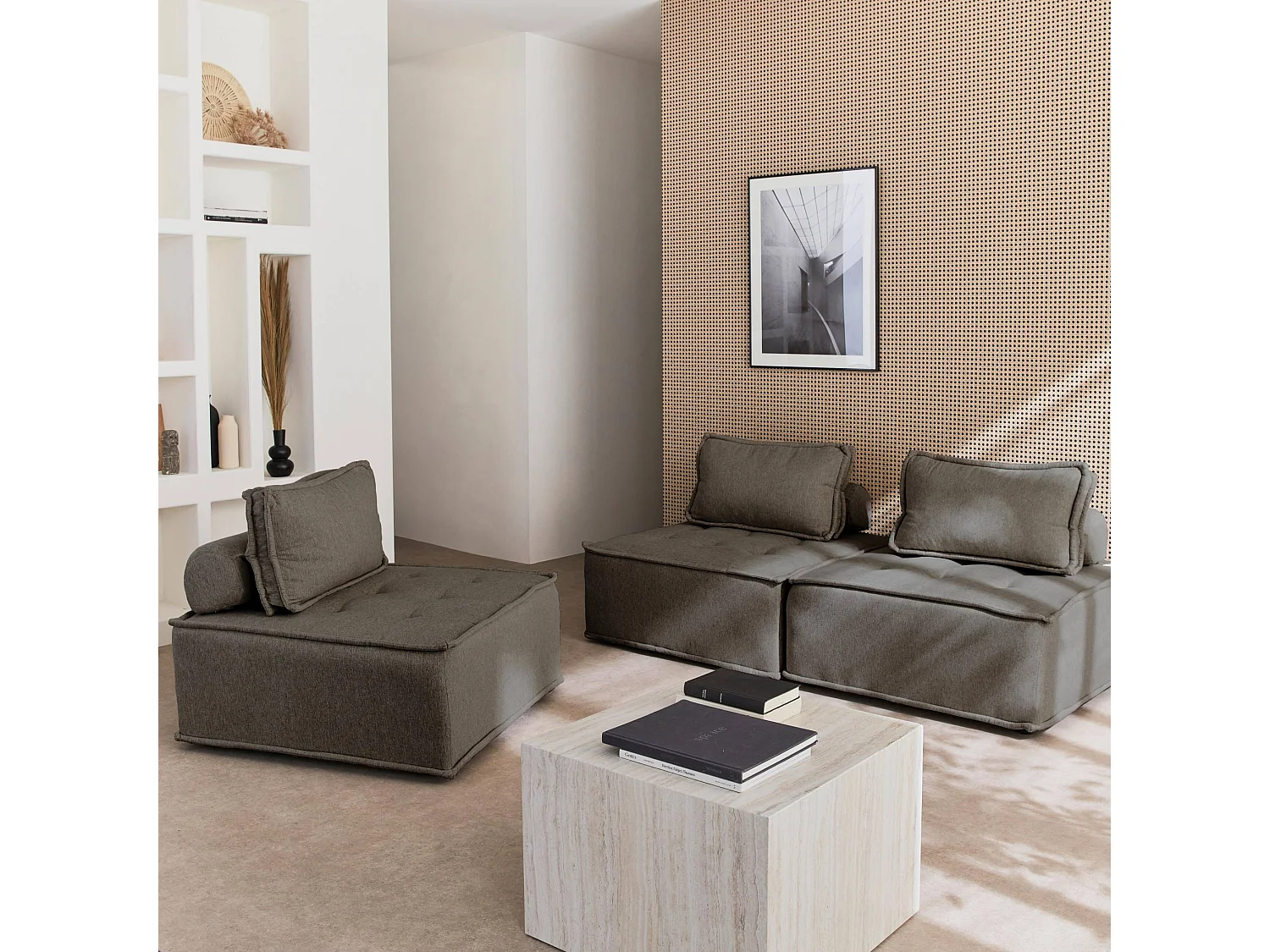 Lot de 3 chauffeuses pour canapé modulables tissu capitonné gris avec 1 coussin