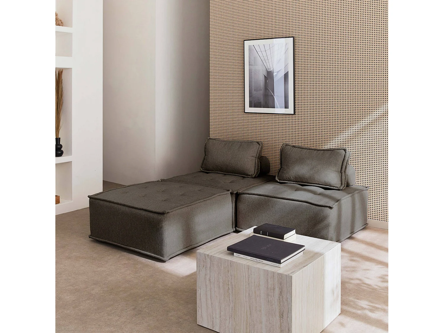 Lot de 3 chauffeuses pour canapé modulables tissu capitonné gris avec 1 coussin