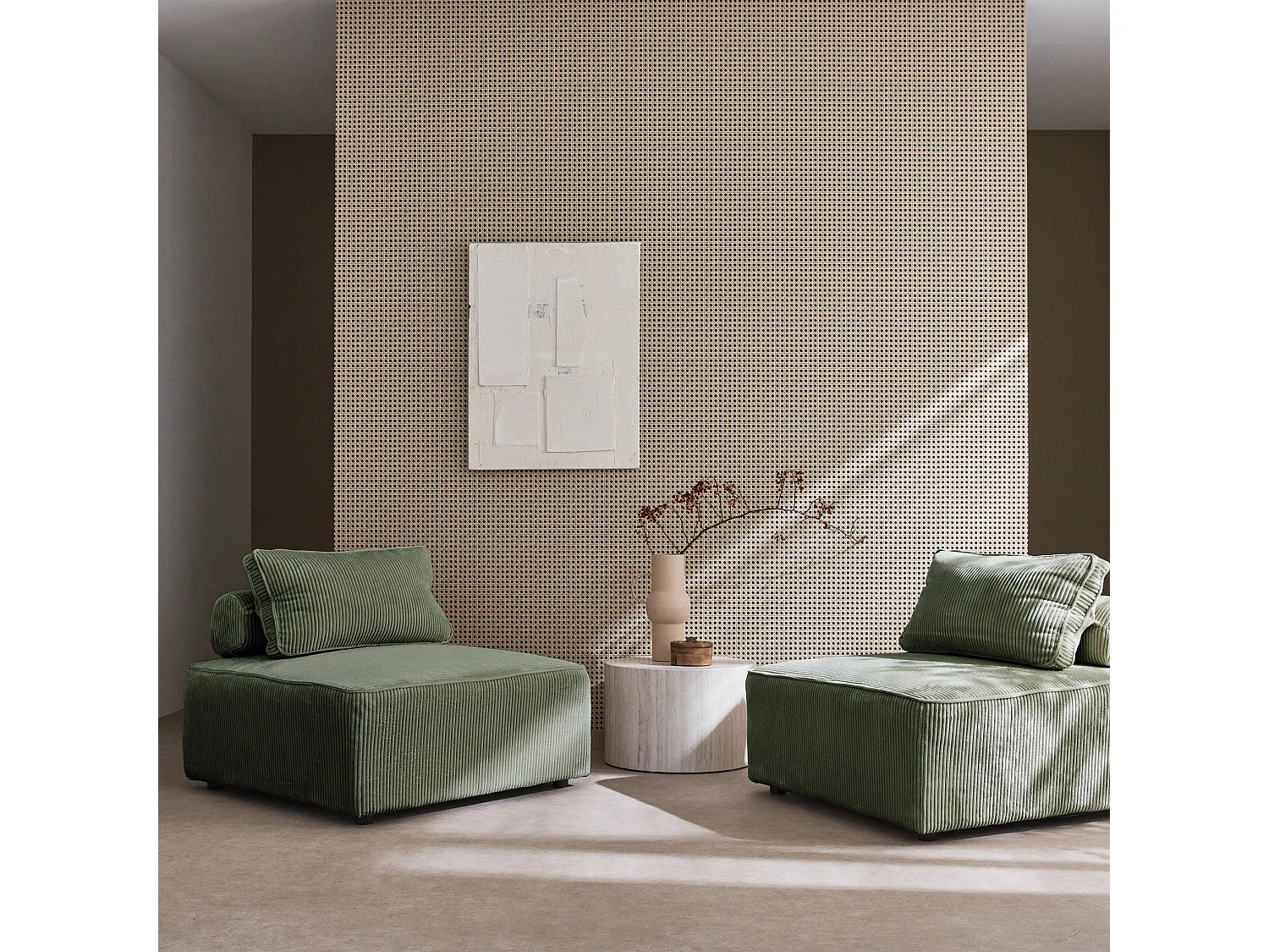 Lot de 2 chauffeuses  pour canapé modulable velours côtelé vert avec un coussin