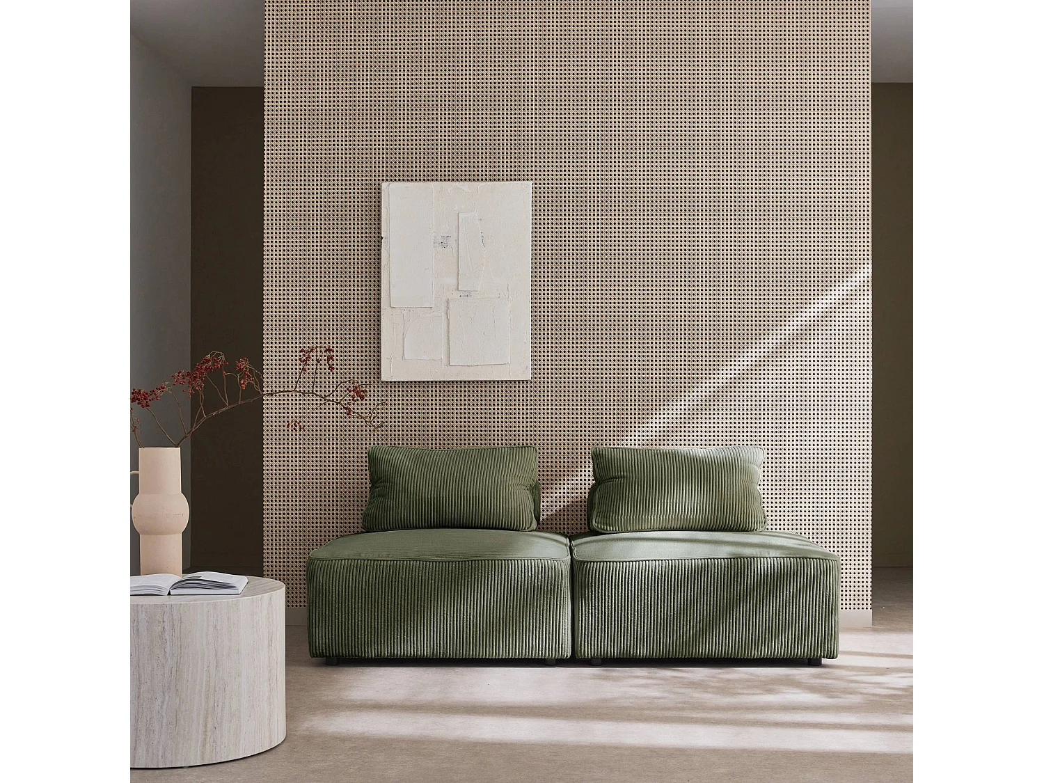 Lot de 2 chauffeuses  pour canapé modulable velours côtelé vert avec un coussin