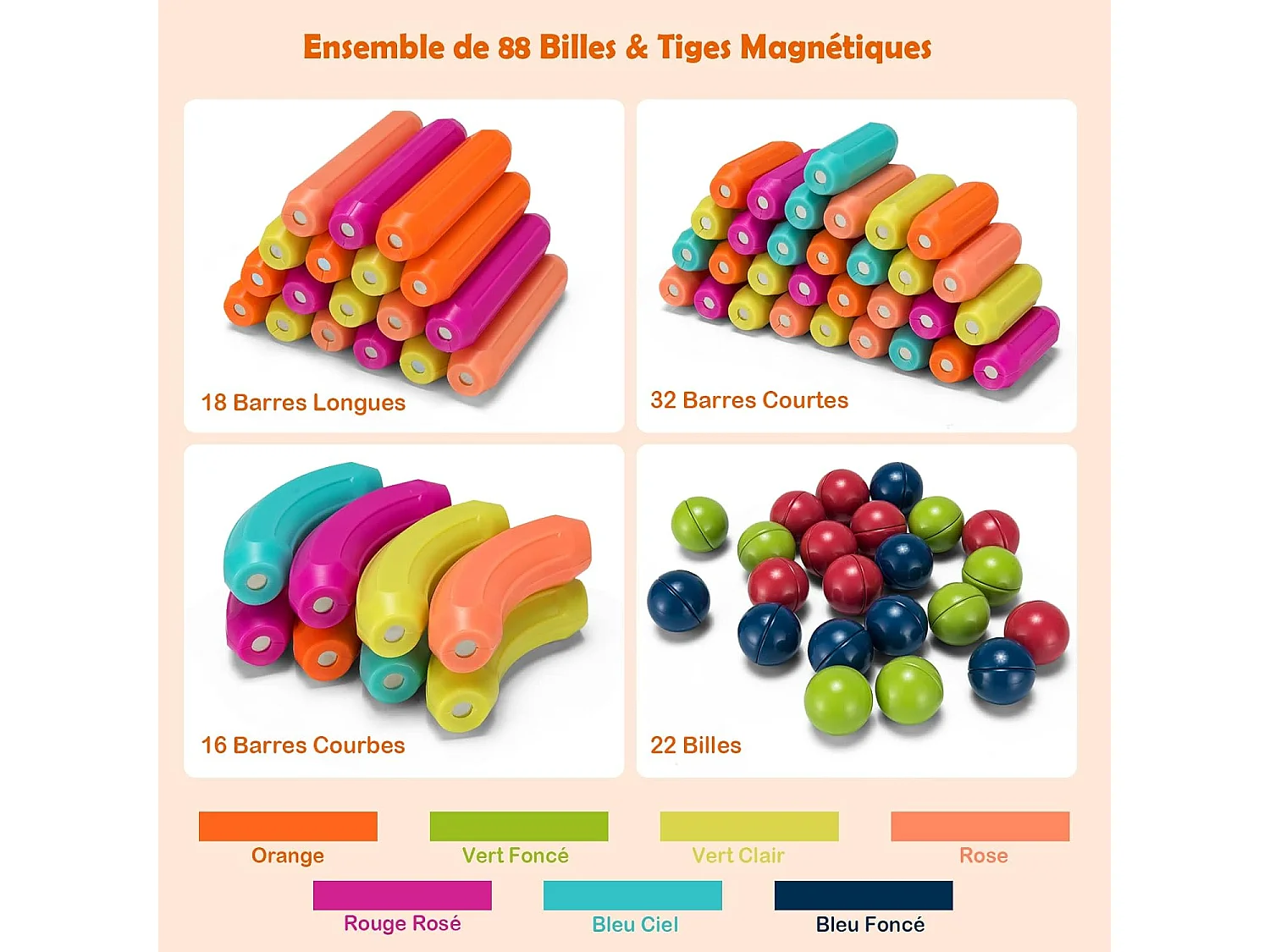 88 Pcs bloc de construction magnétique, jouet educatif et créatif puzzle colorés pour 3 ans+