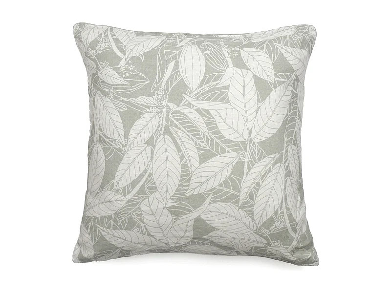 Housse de coussin 45x45 cm lin lavé imprimé végétal HELIOS gris Lichen