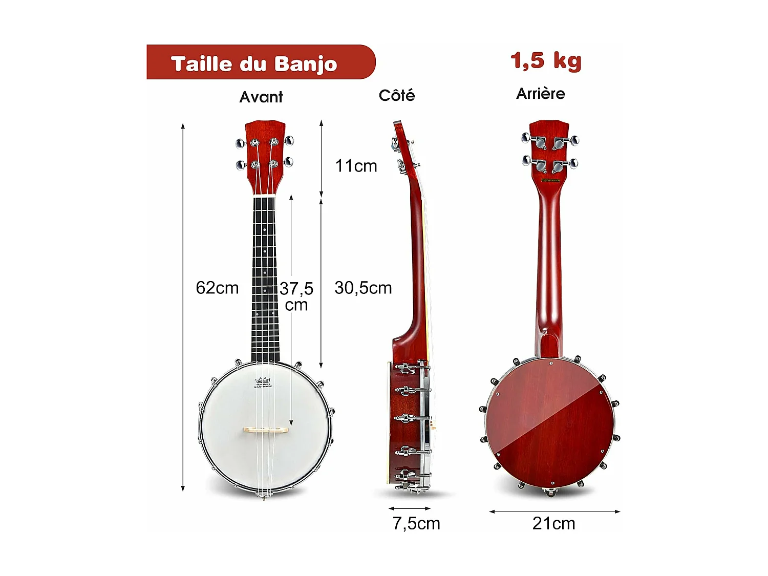 Banjo 4 cordes 24 pouces remo peau, 61,5 x 120 x 7,3 cm