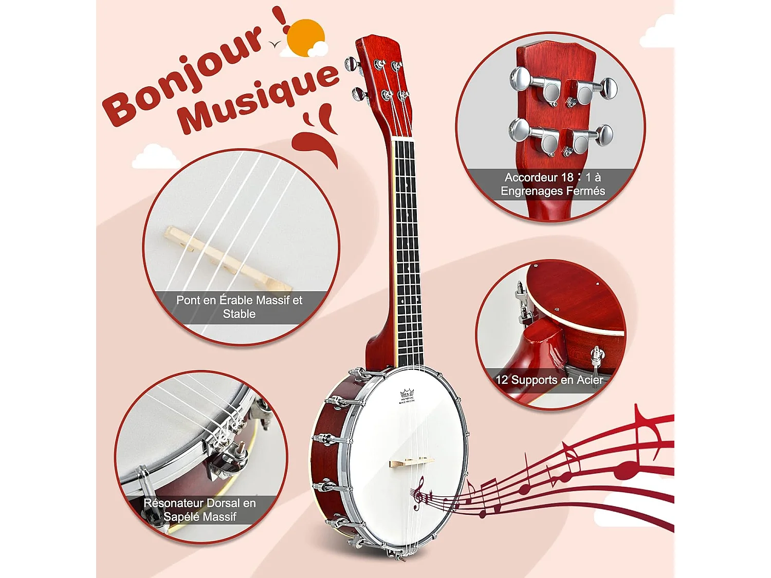 Banjo 4 cordes 24 pouces remo peau, 61,5 x 120 x 7,3 cm